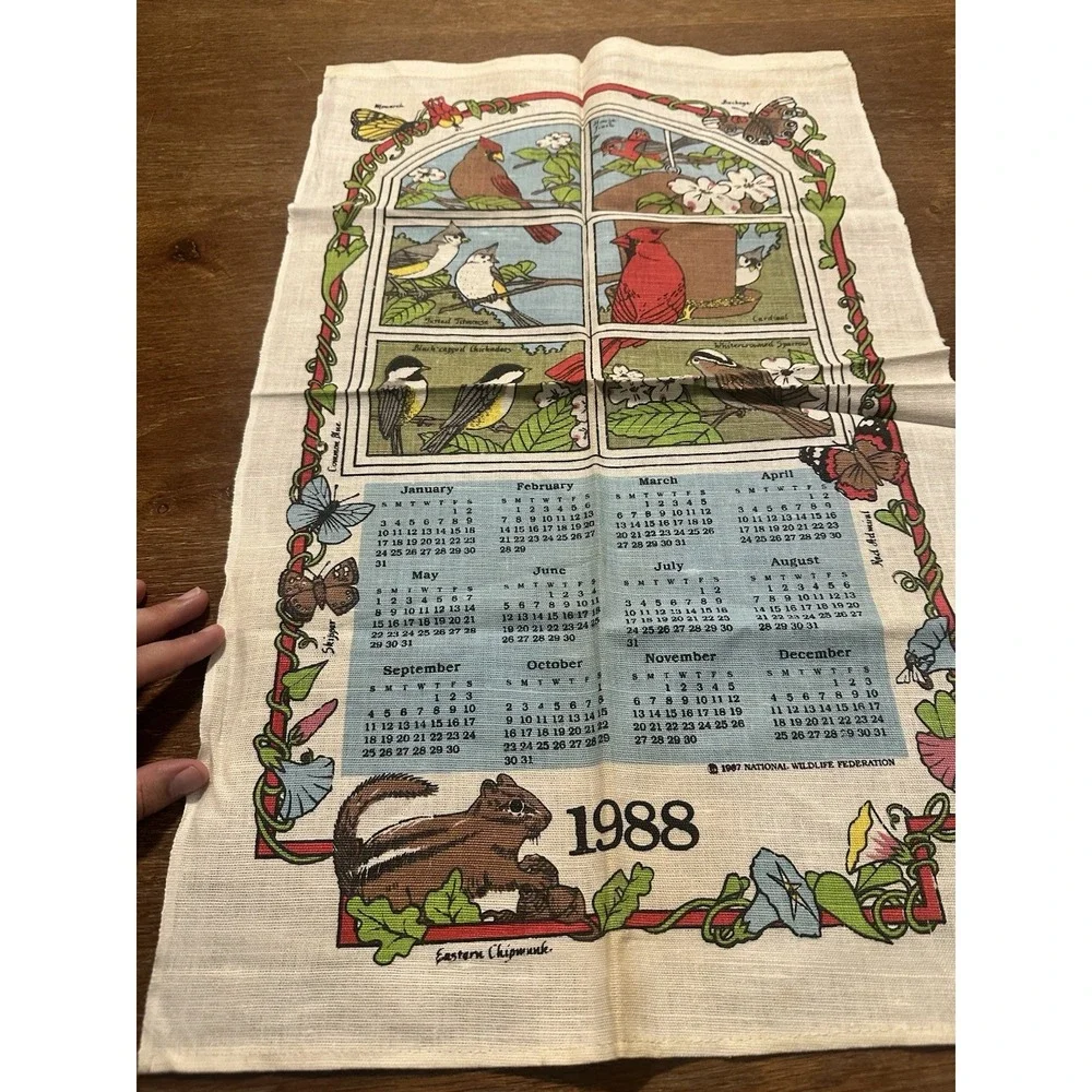 Vintage 1988 Printed Cloth Hanging Wall Calendar Tea Towel Butterfly Flower Bird